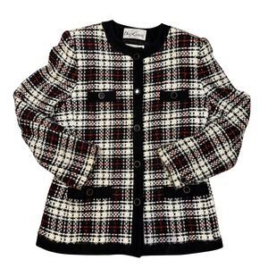Vintage Old Money Oleg Cassini Plaid Tweed Wool Blend Jacket Black White Red 10A